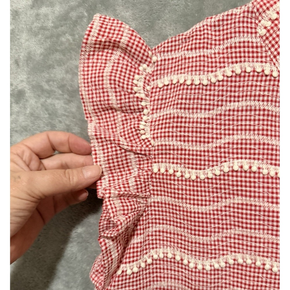 Layerz Clothing Red Gingham Pom Pom Flutter Sleeve Blouse Top Small Cottagecore - Picture 3 of 6